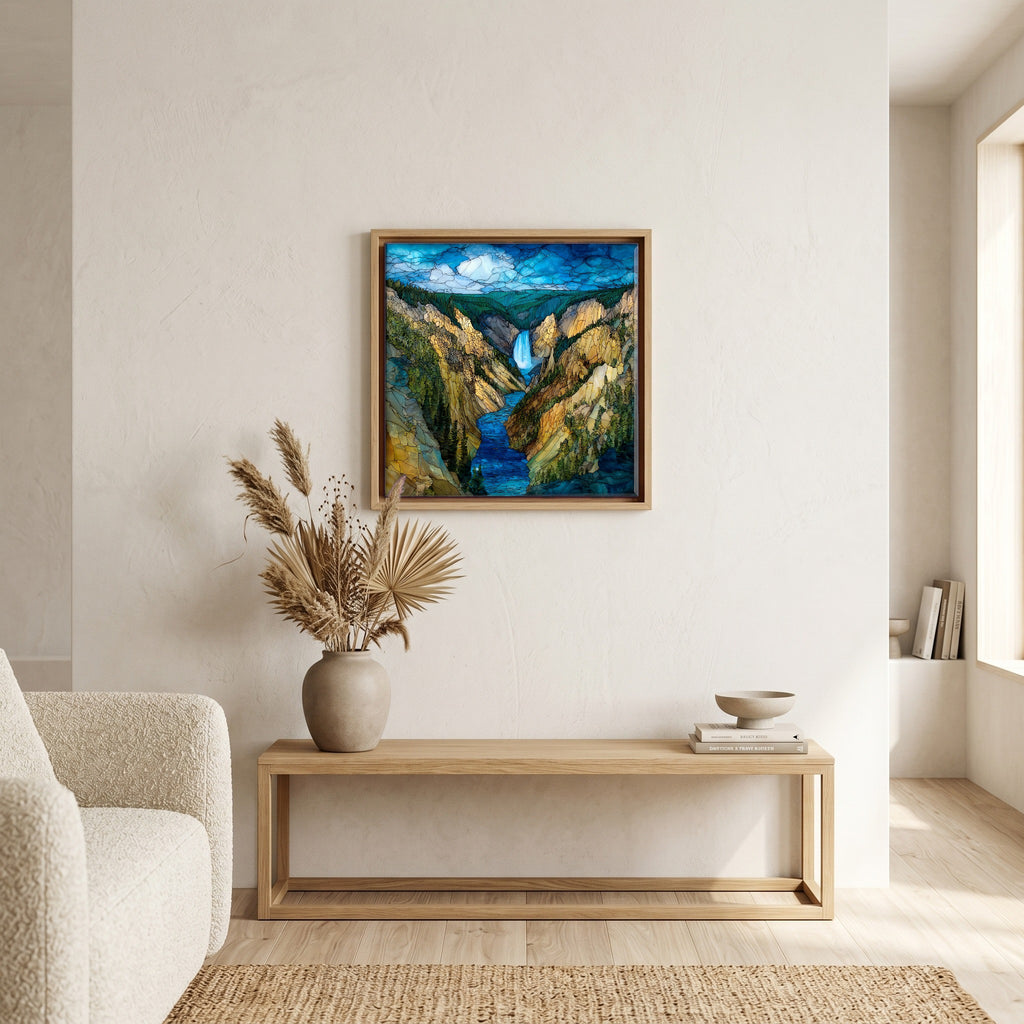 In the living room, above the sofa.