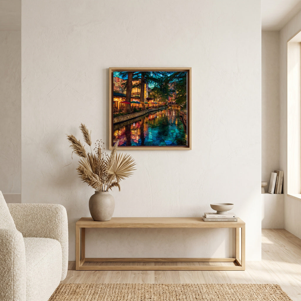In the living room, above the sofa.