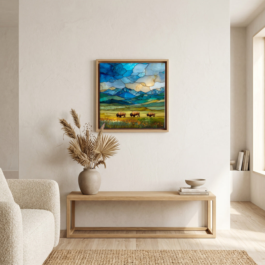 In the living room, above the sofa.