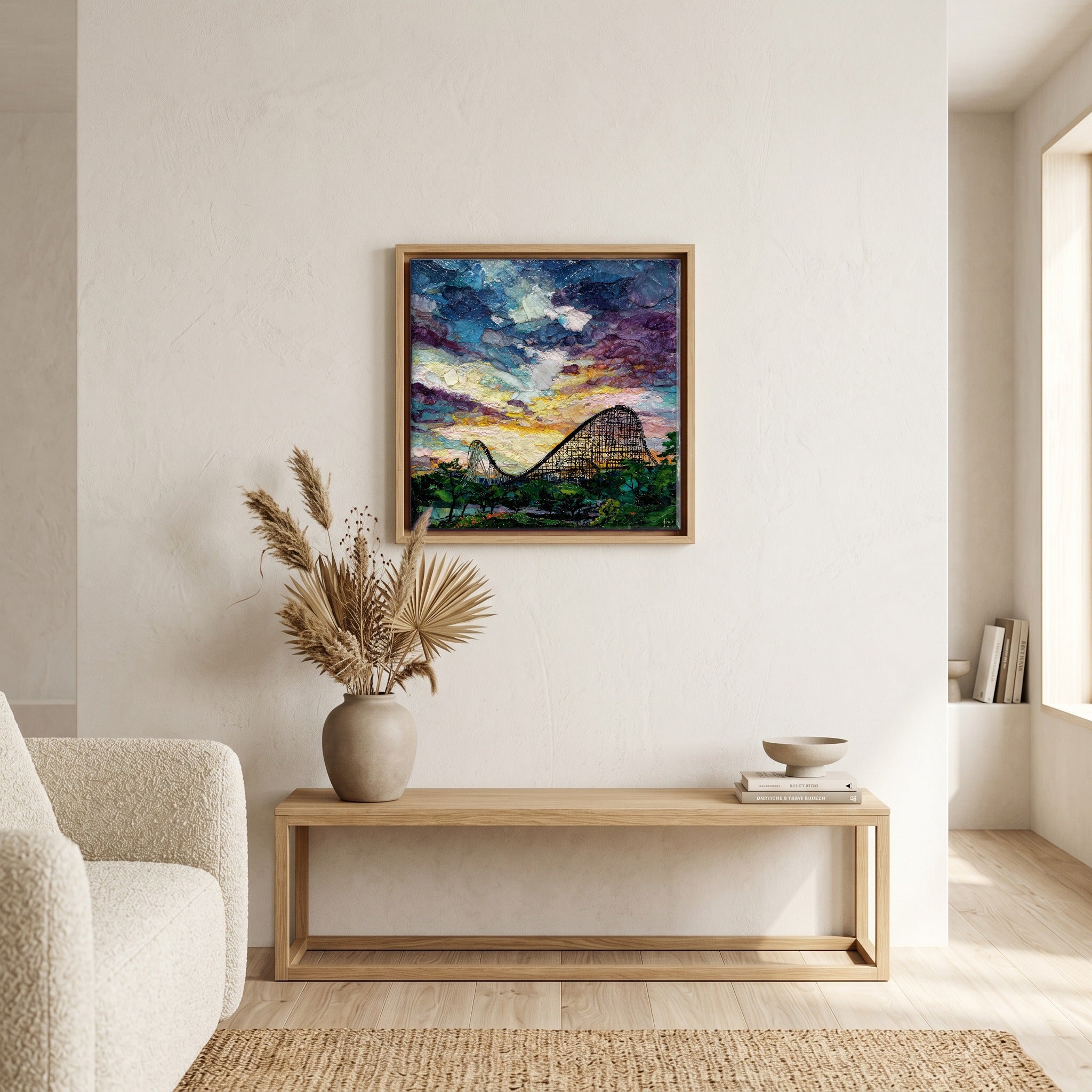 In the living room, above the sofa.