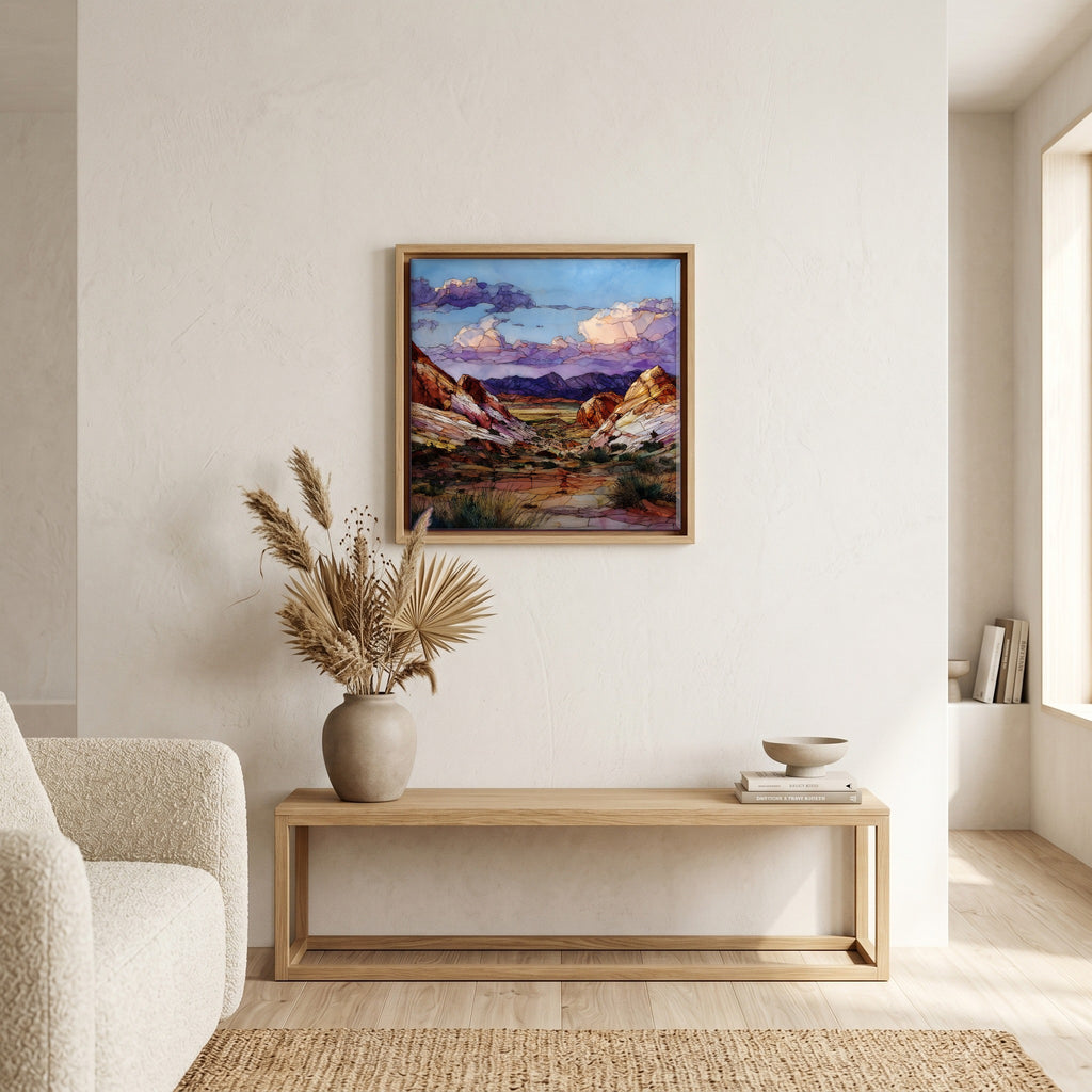In the living room, above the sofa.