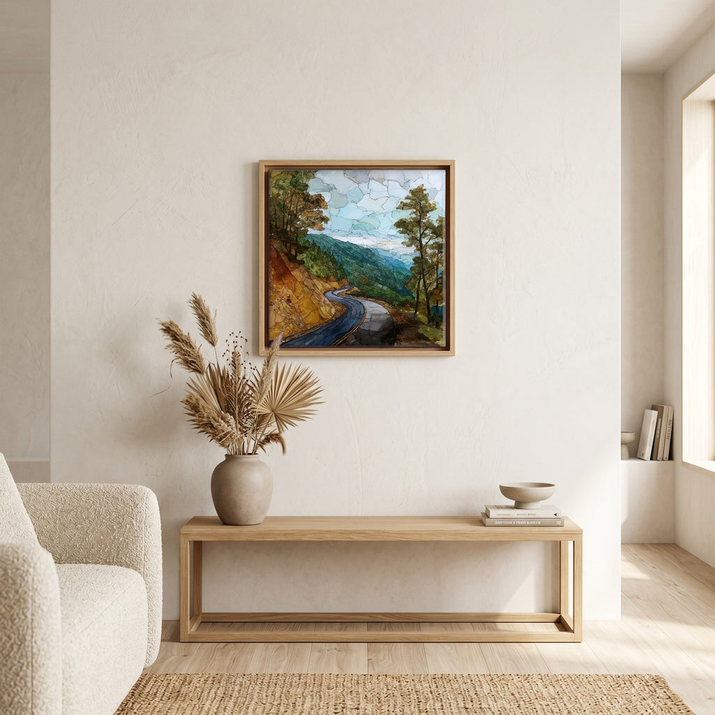 In the living room, above the sofa.