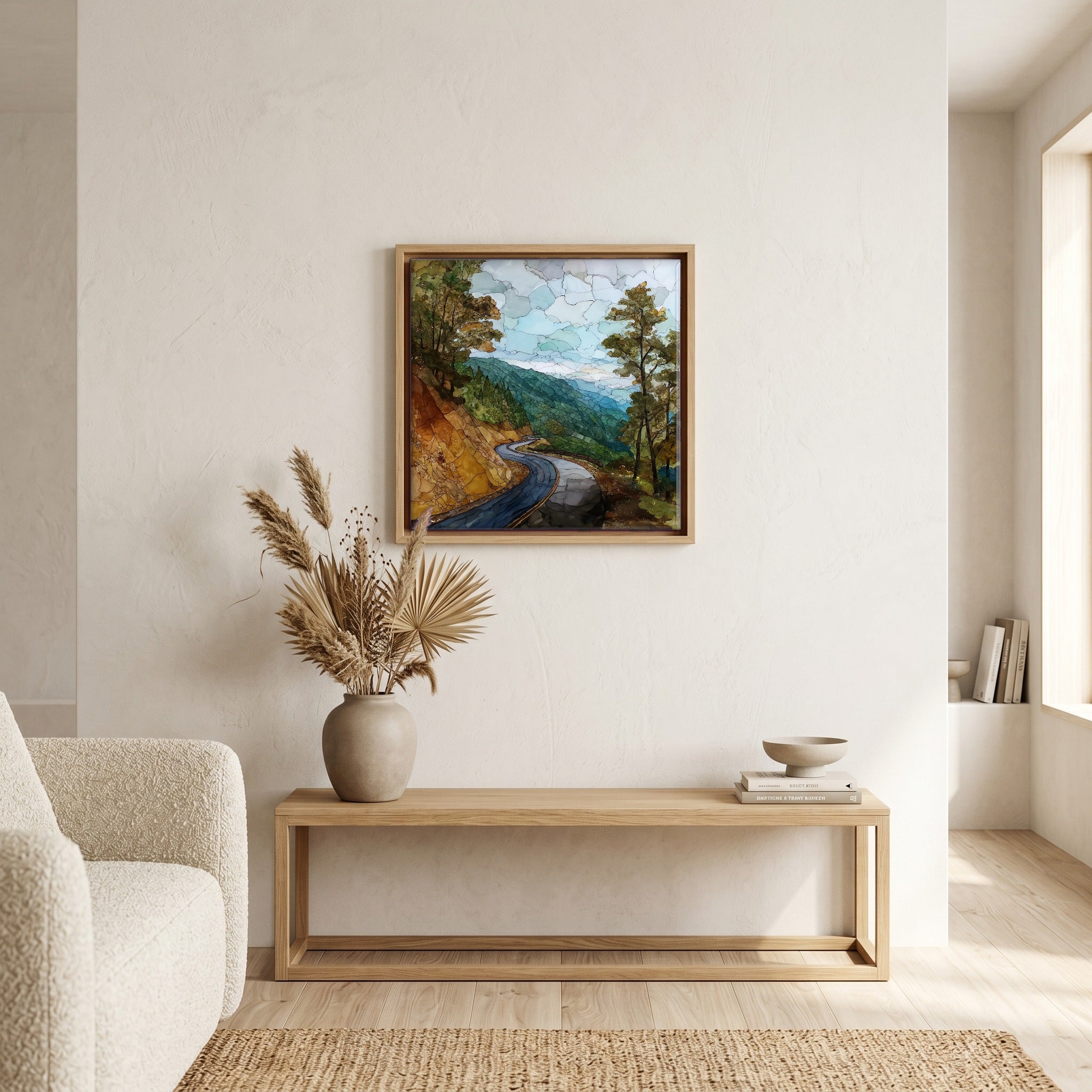 In the living room, above the sofa.