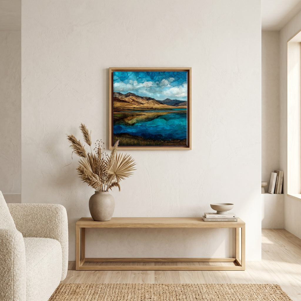 In the living room, above the sofa.