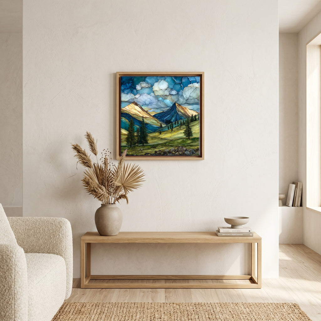 In the living room, above the sofa.