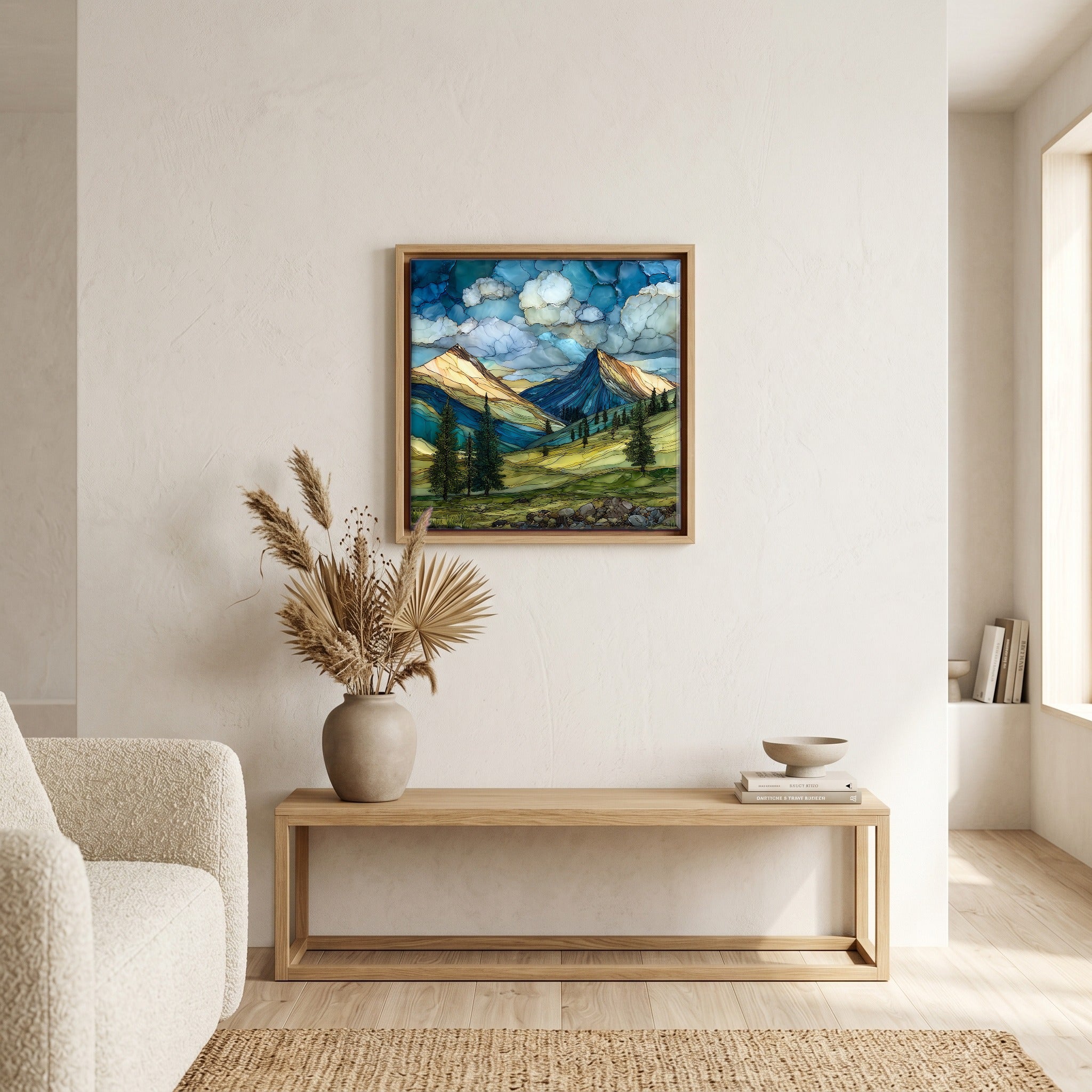 In the living room, above the sofa.