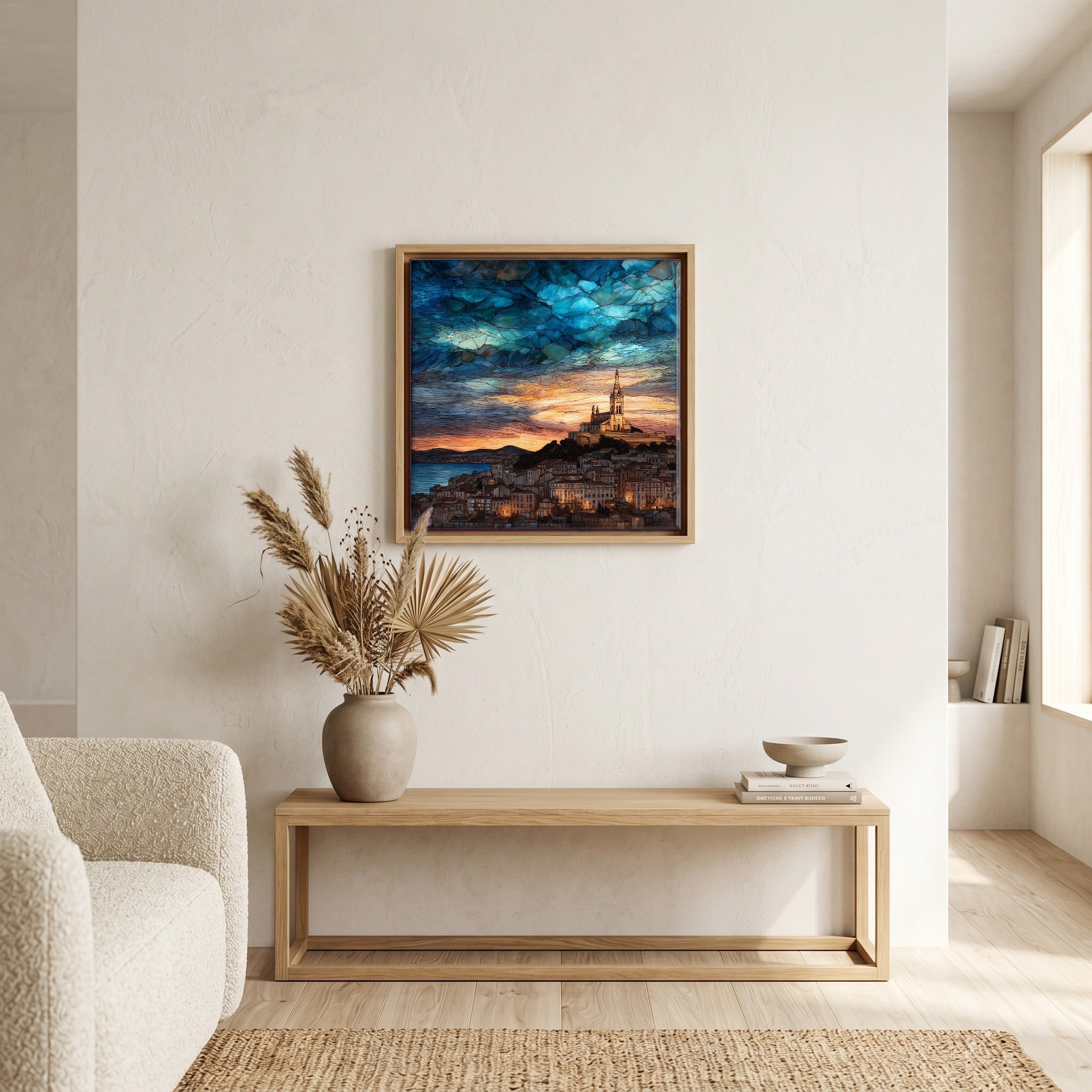 Above the bench, in a warm oak surround.