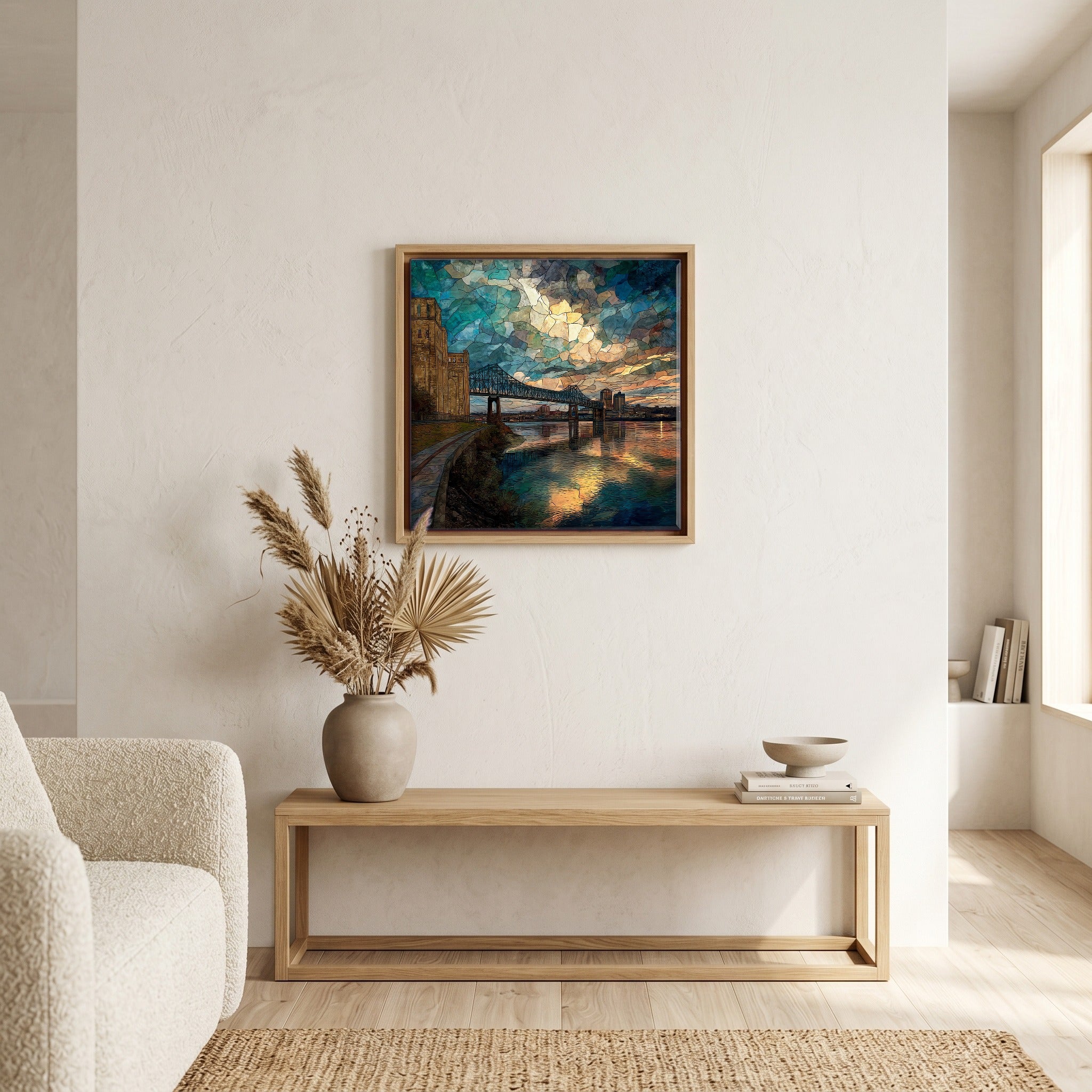 In the living room, above the sofa.