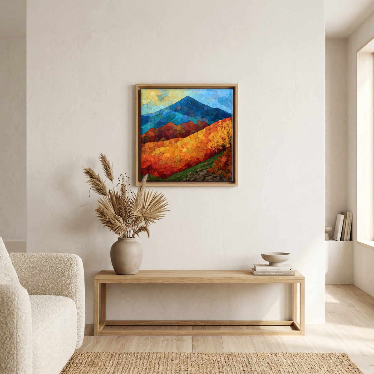 In the living room, above the sofa.