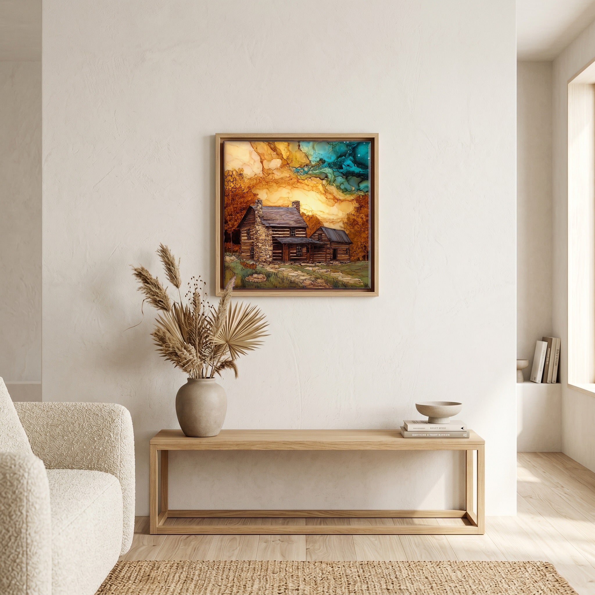 In the living room, above the sofa.
