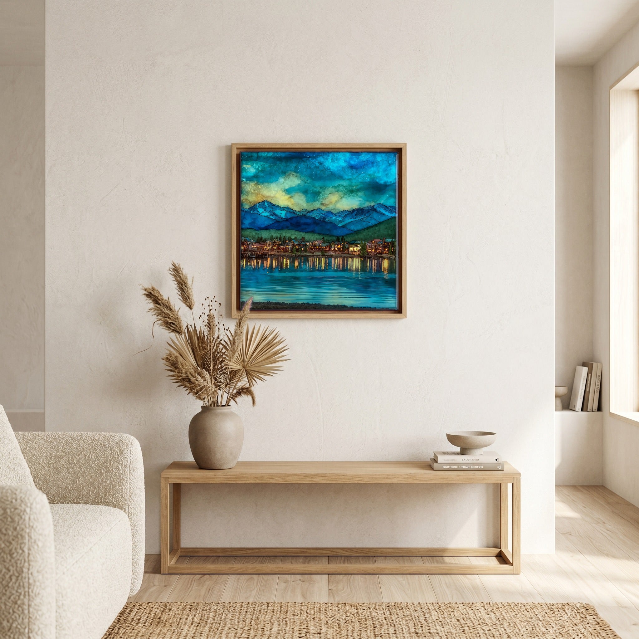 In the living room, above the sofa.