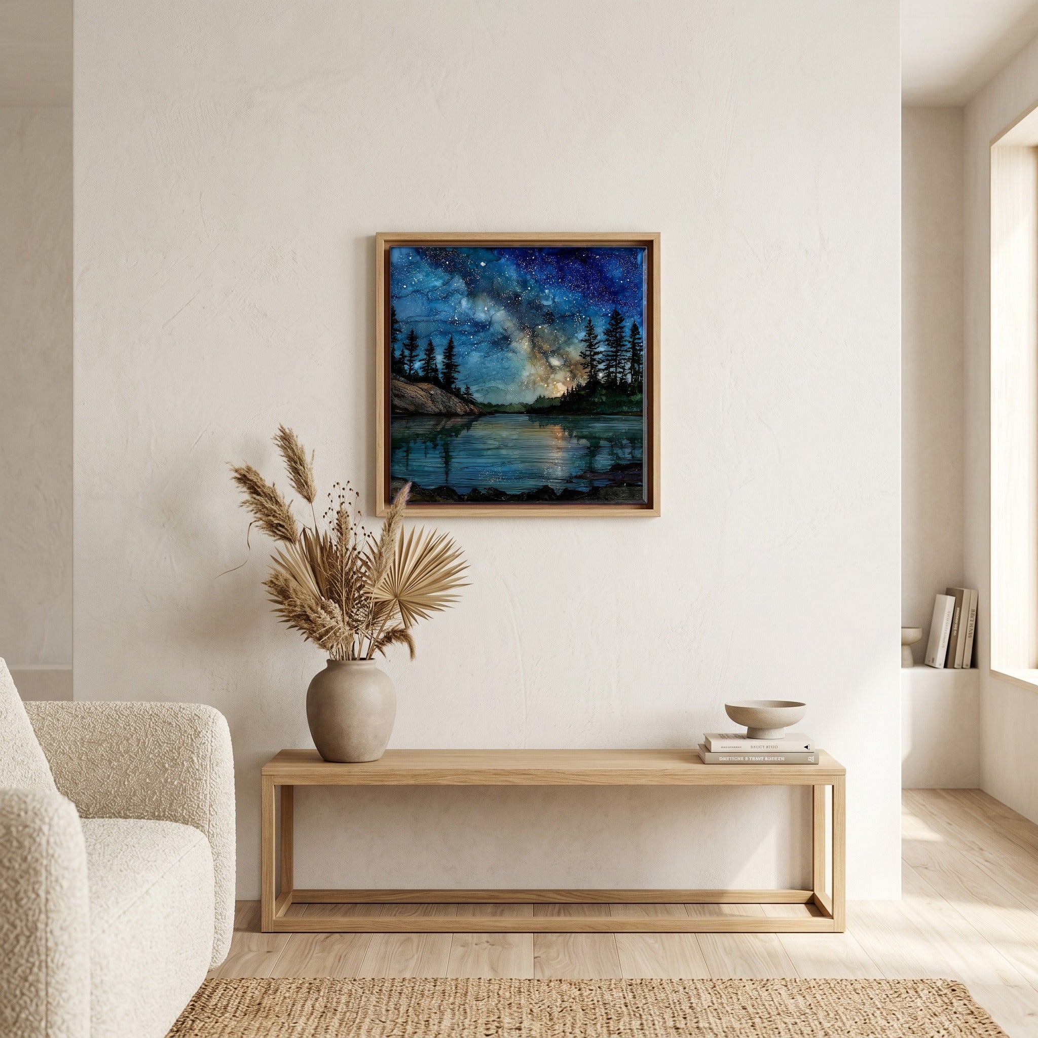 In the living room, above the sofa.