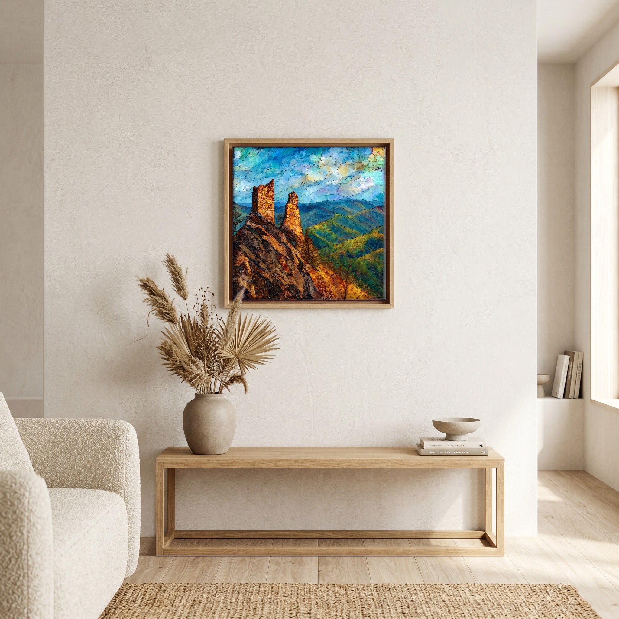 In the living room, above the sofa.