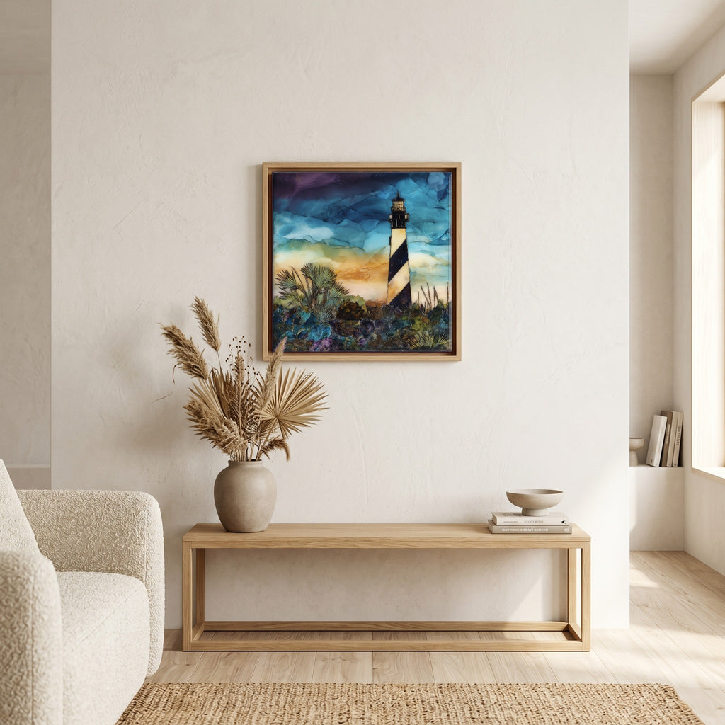 In the living room, above the sofa.