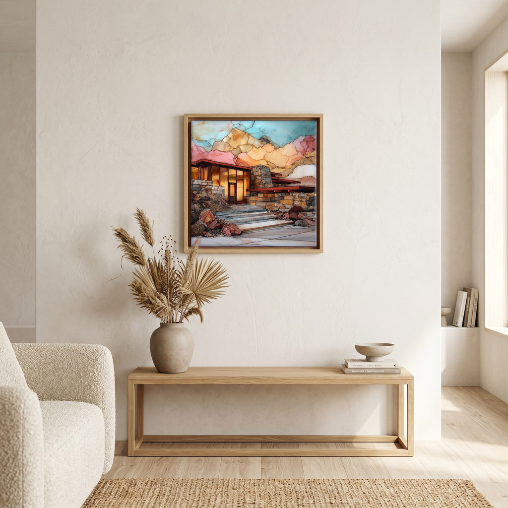 In the living room, above the sofa.