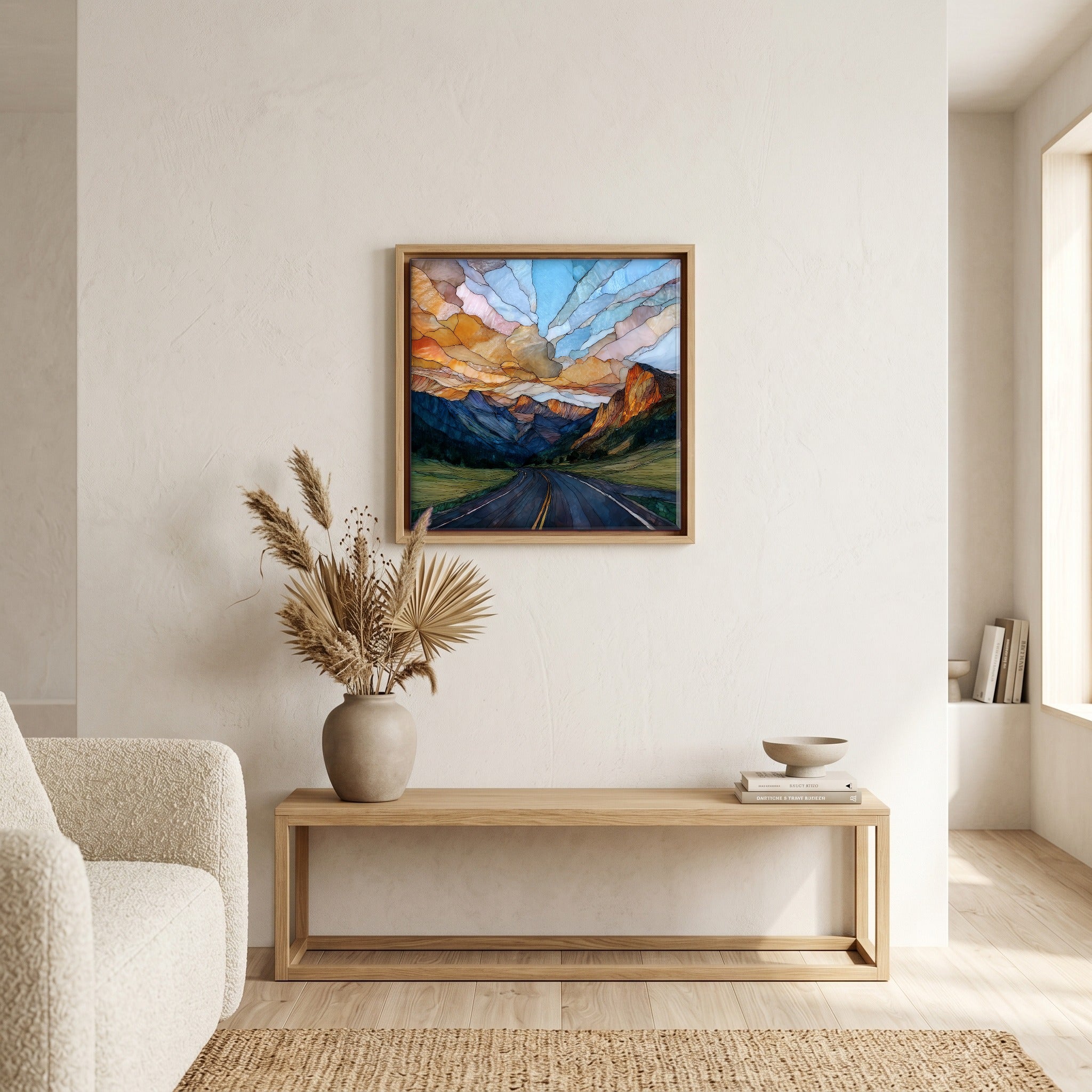 Above the bench, in a warm oak surround.