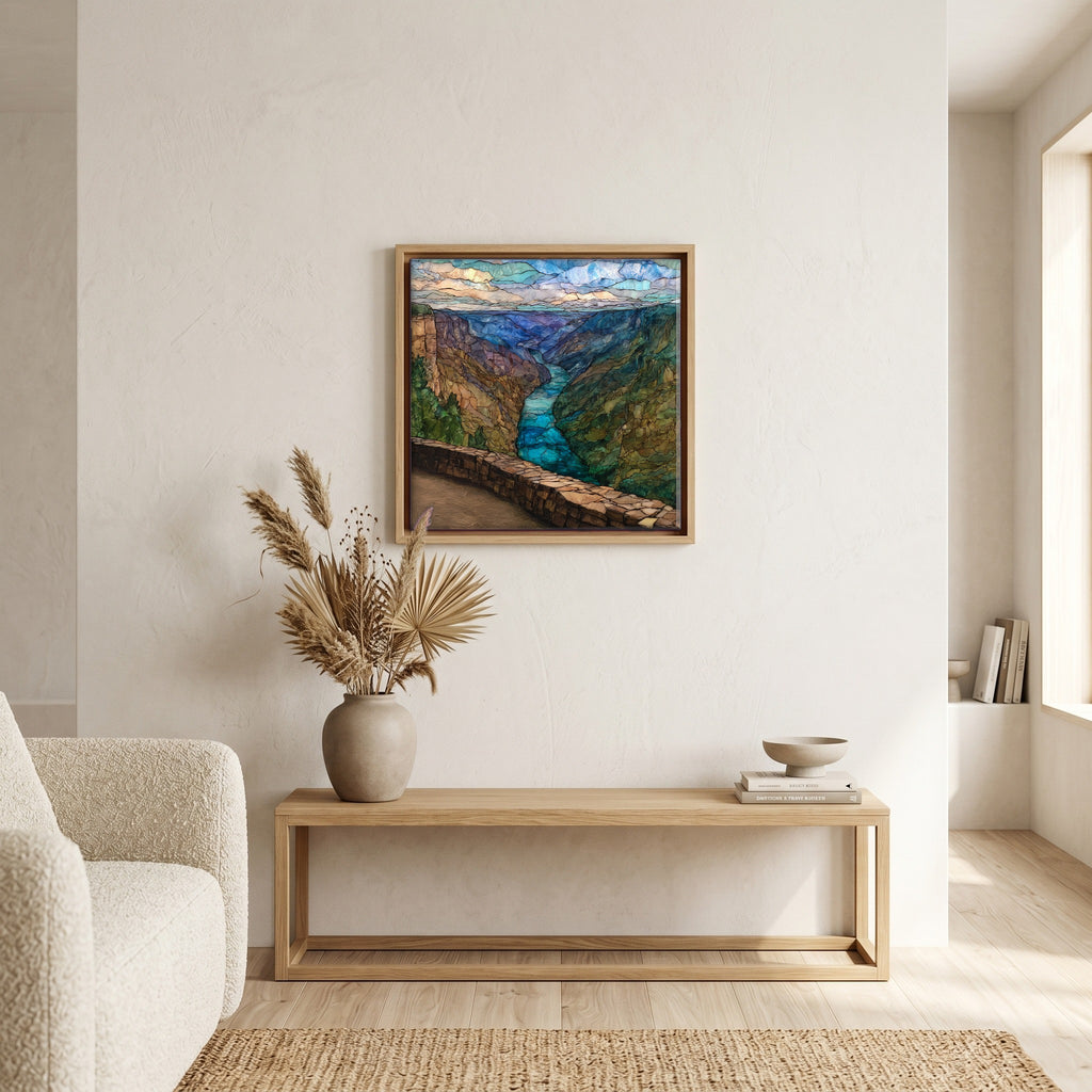 In the living room, above the sofa.
