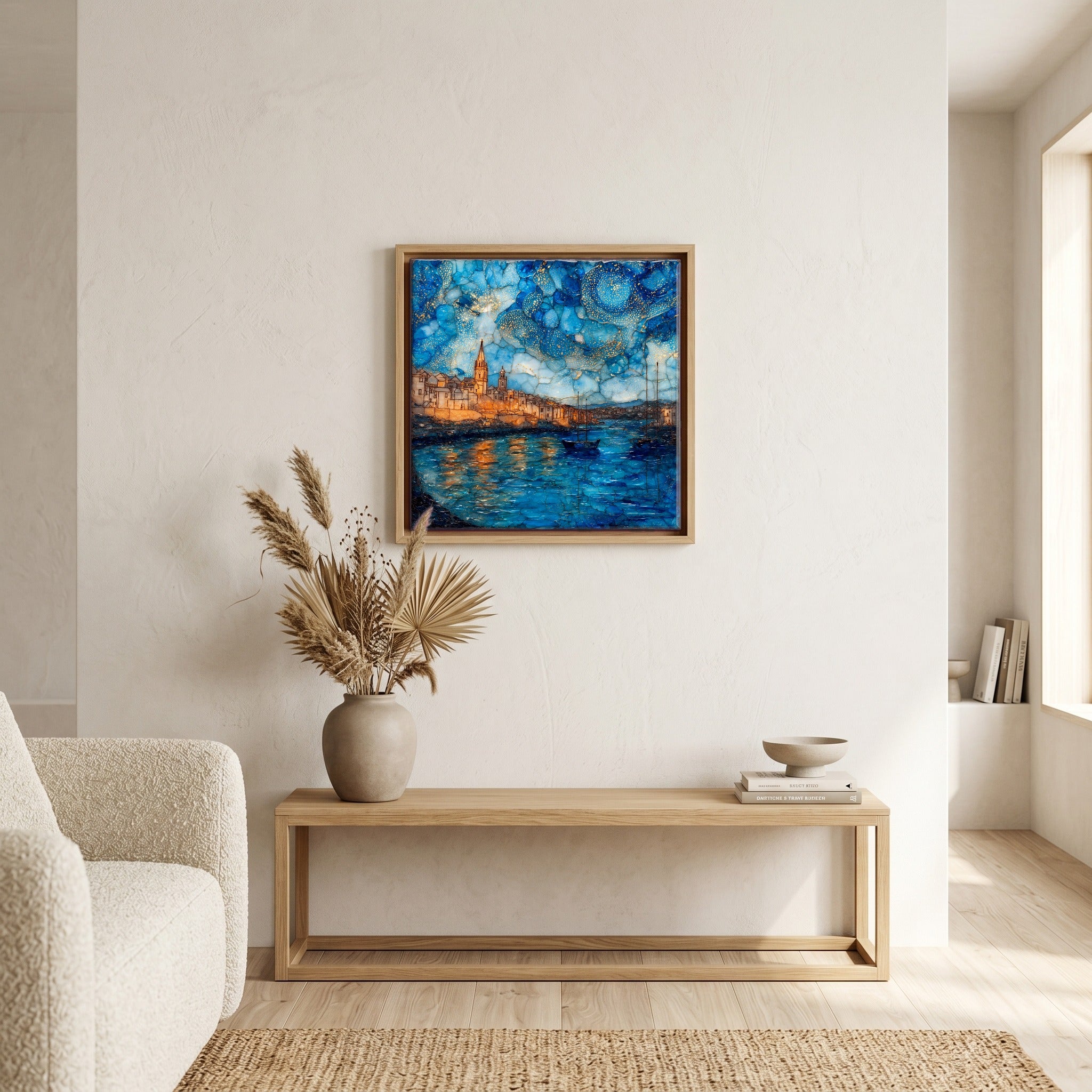 In the living room, above the sofa.