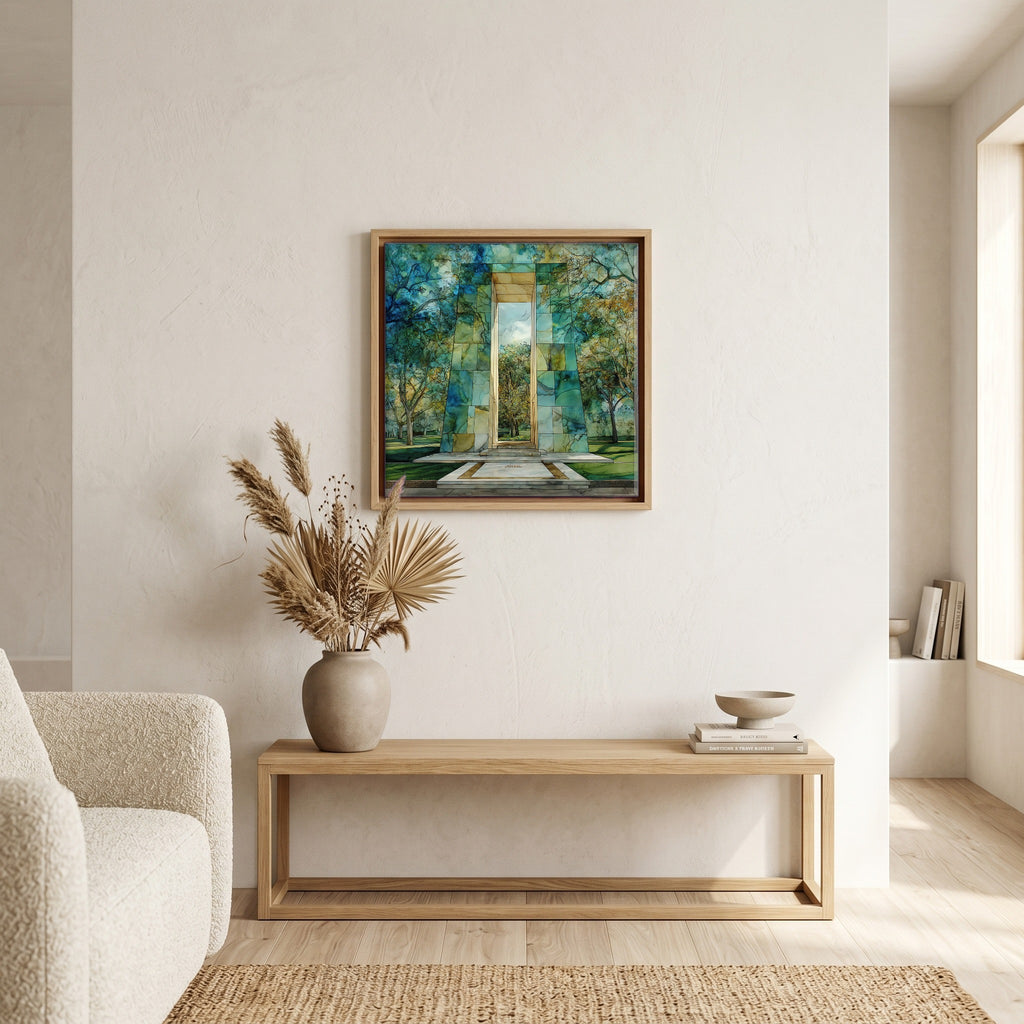 In the living room, above the sofa.