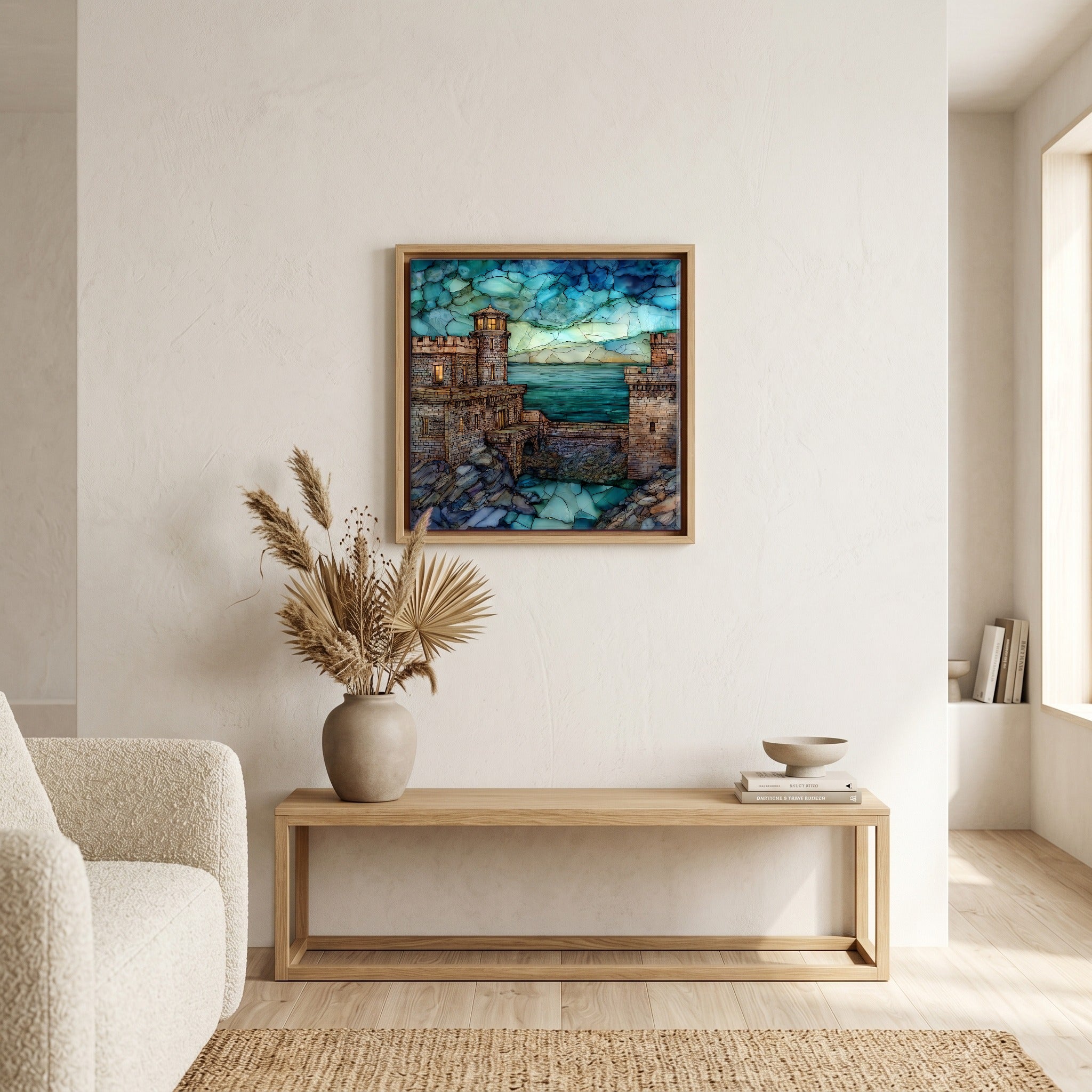 In the living room, above the sofa.