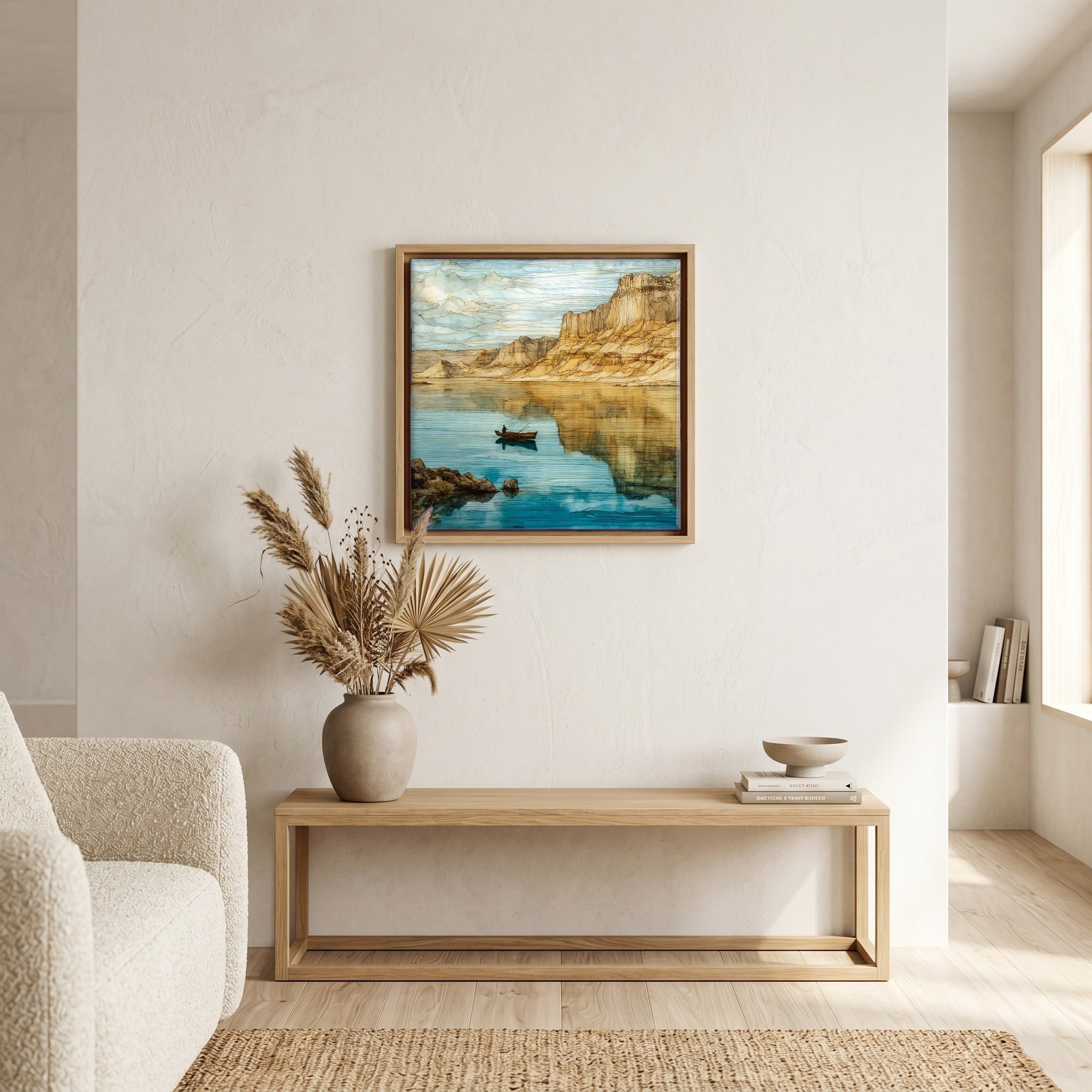 In the living room, above the sofa.