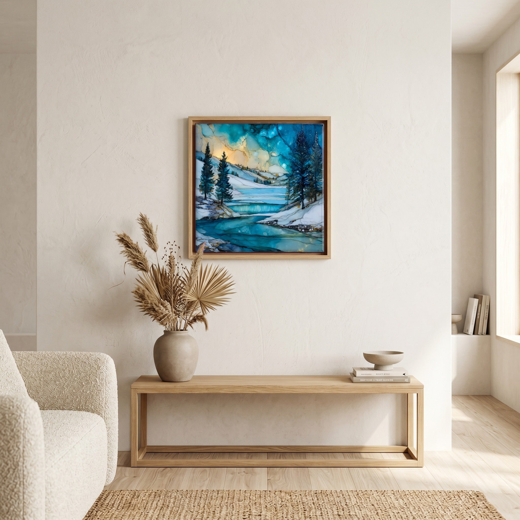 In the living room, above the sofa.