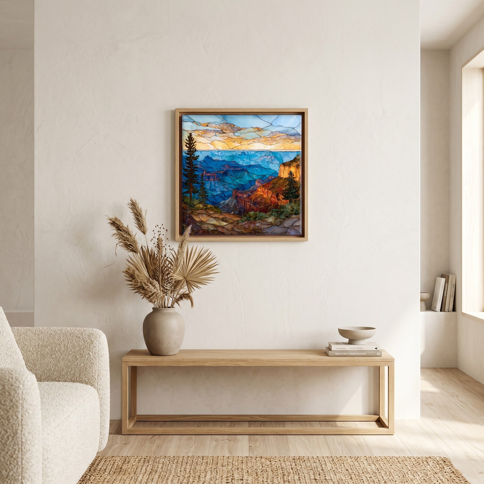 In the living room, above the sofa.