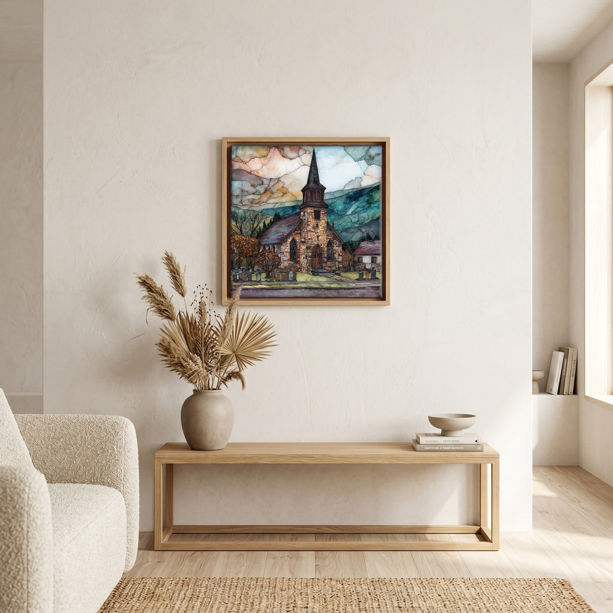 In the living room, above the sofa.