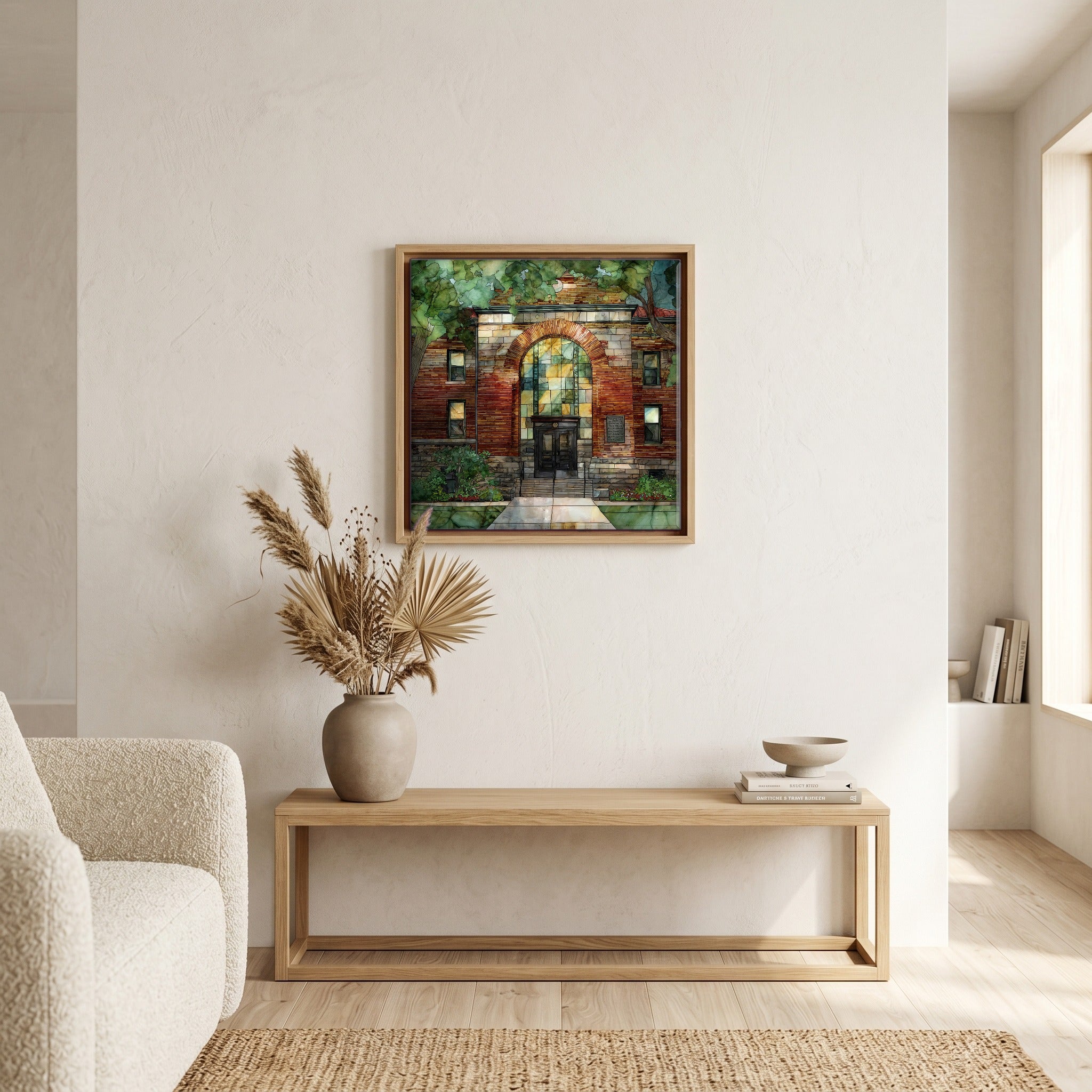 In the living room, above the sofa.
