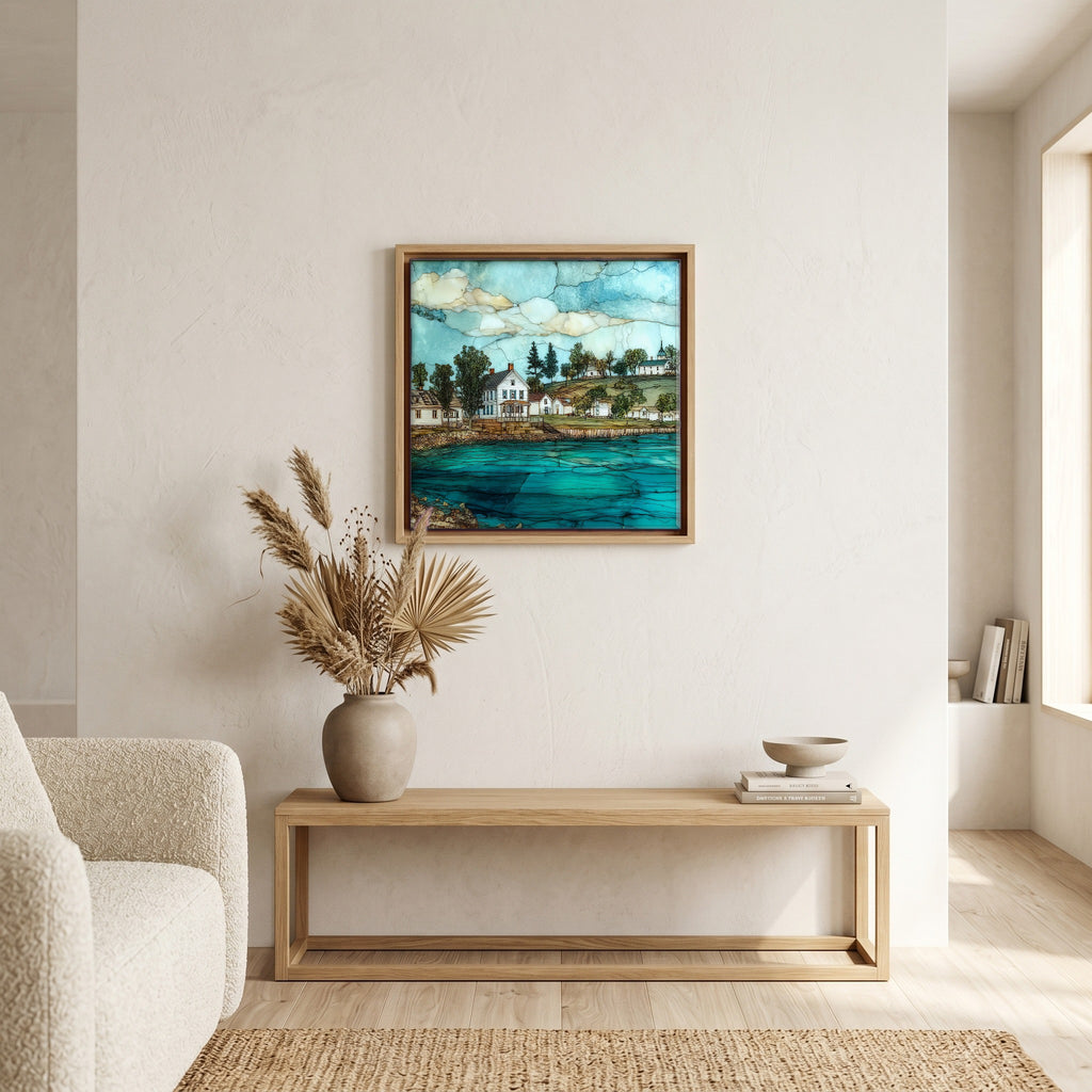 In the living room, above the sofa.