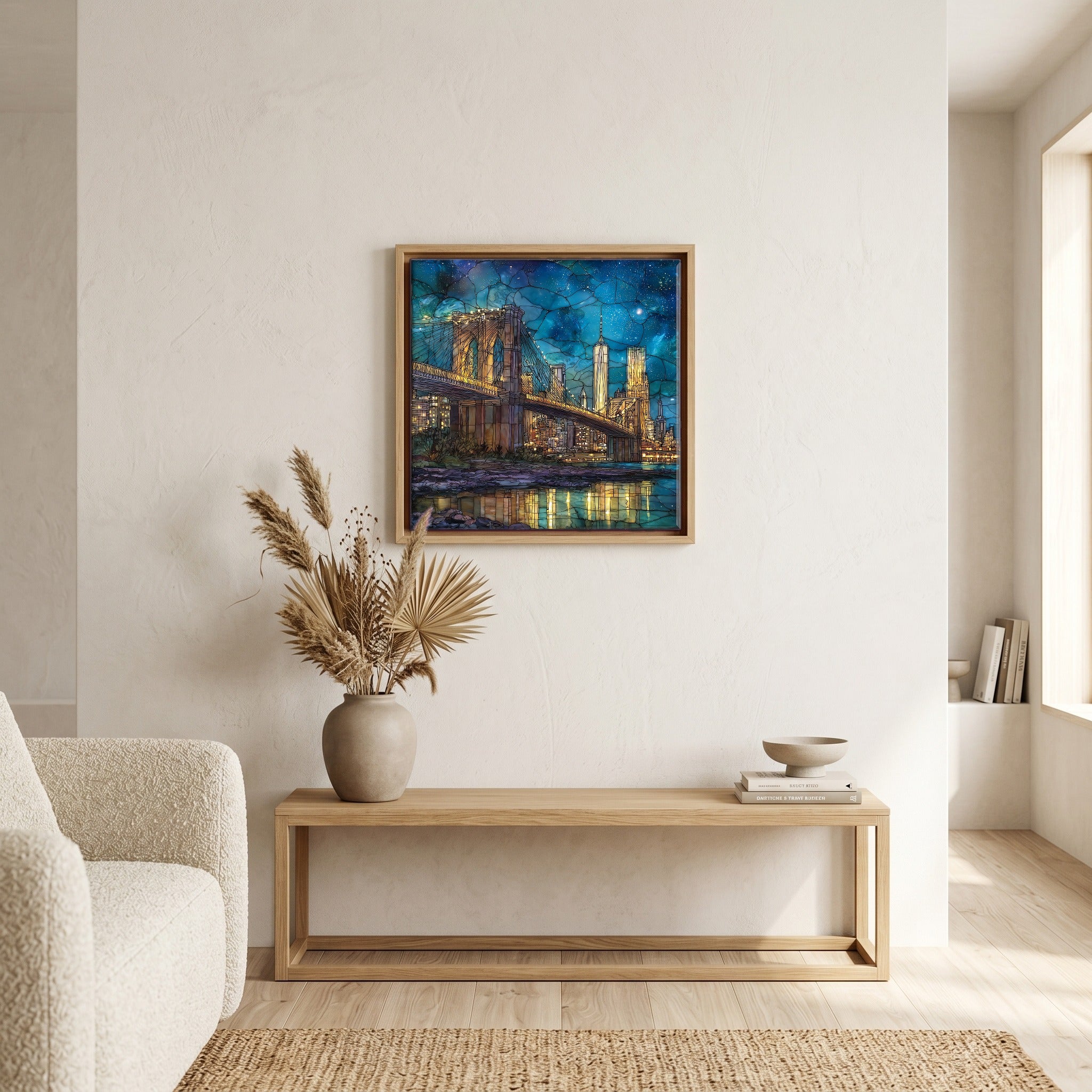 In the living room, above the sofa.