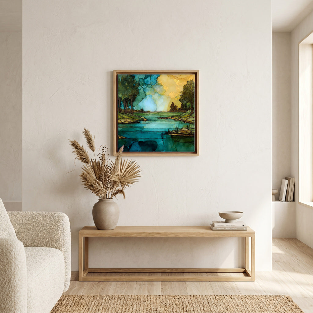 In the living room, above the sofa.