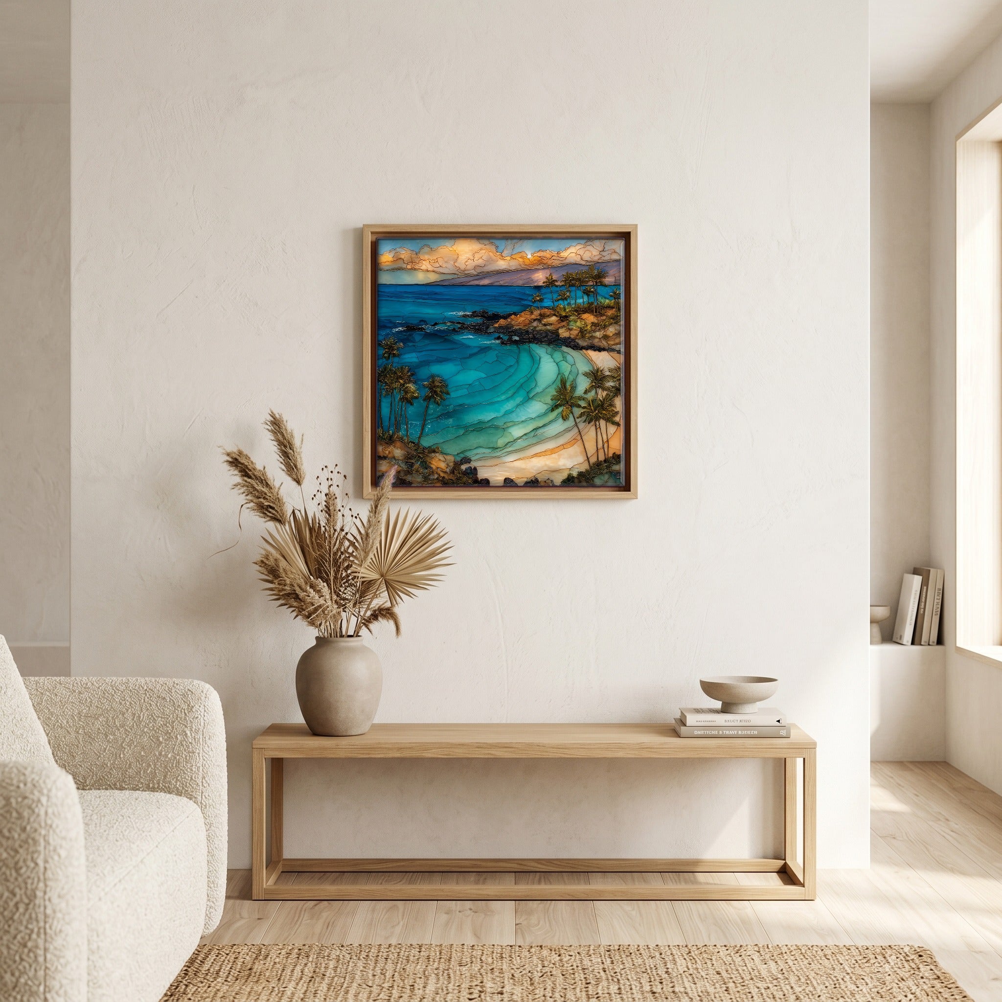 Above the bench, in a warm oak surround.
