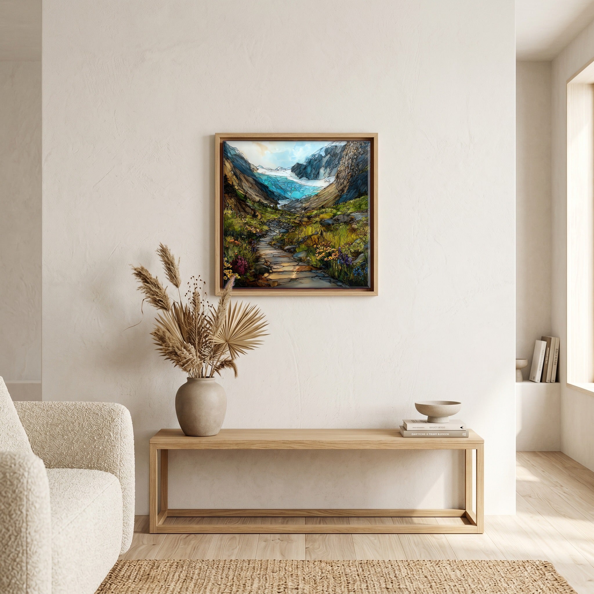 In the living room, above the sofa.
