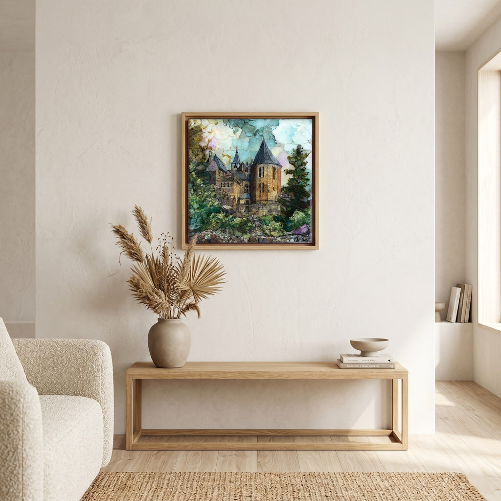 Above the bench, in a warm oak surround.