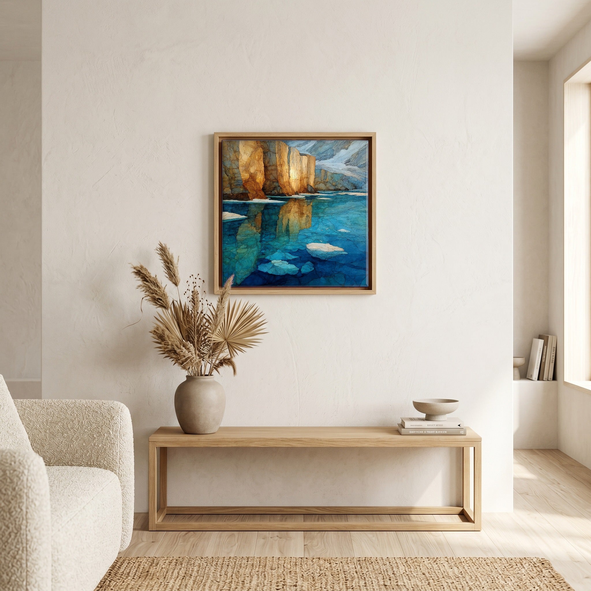 In the living room, above the sofa.
