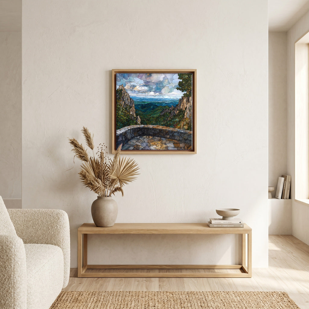 In the living room, above the sofa.