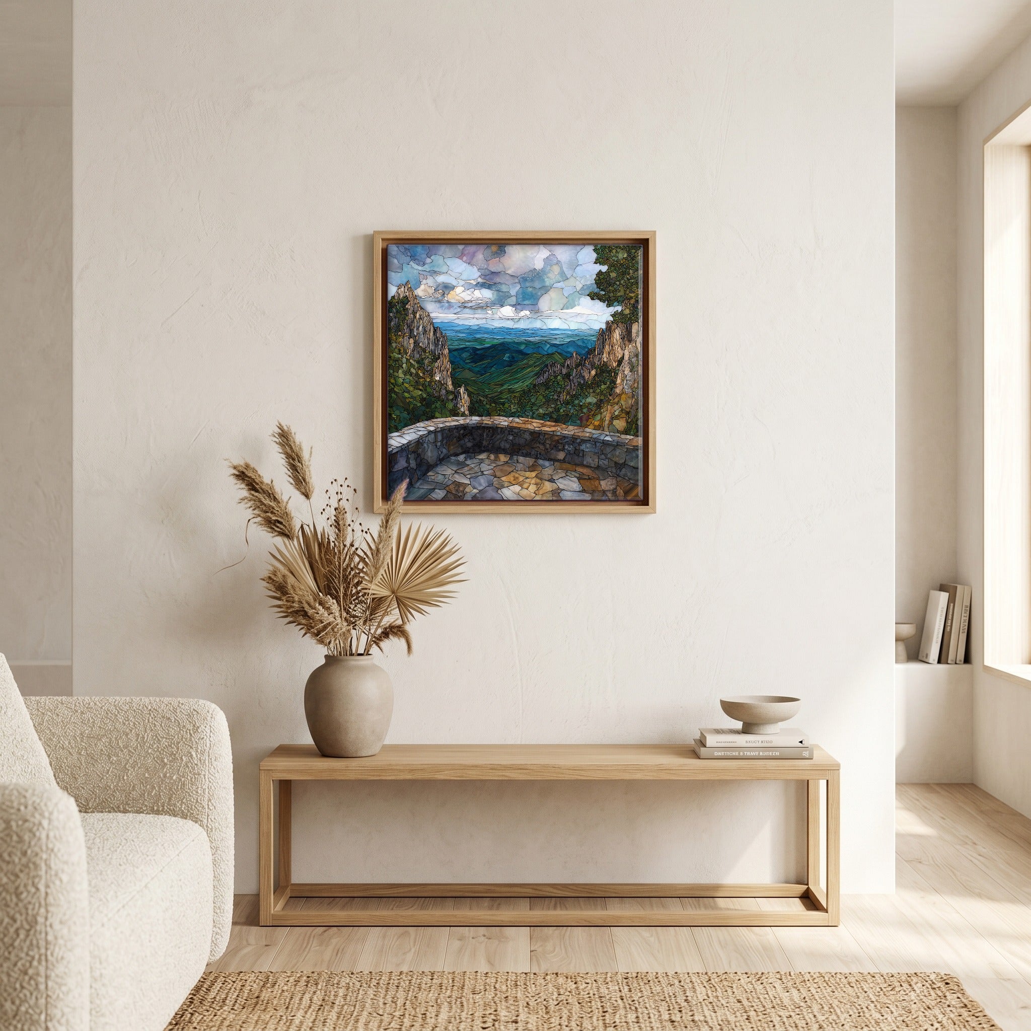 In the living room, above the sofa.