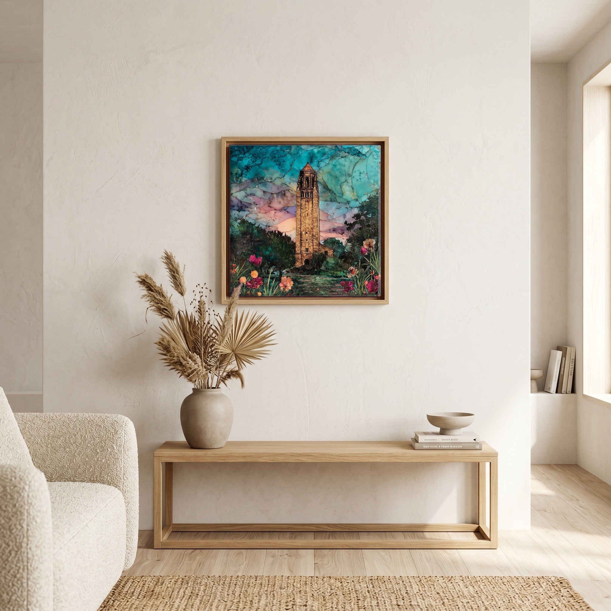 In the living room, above the sofa.