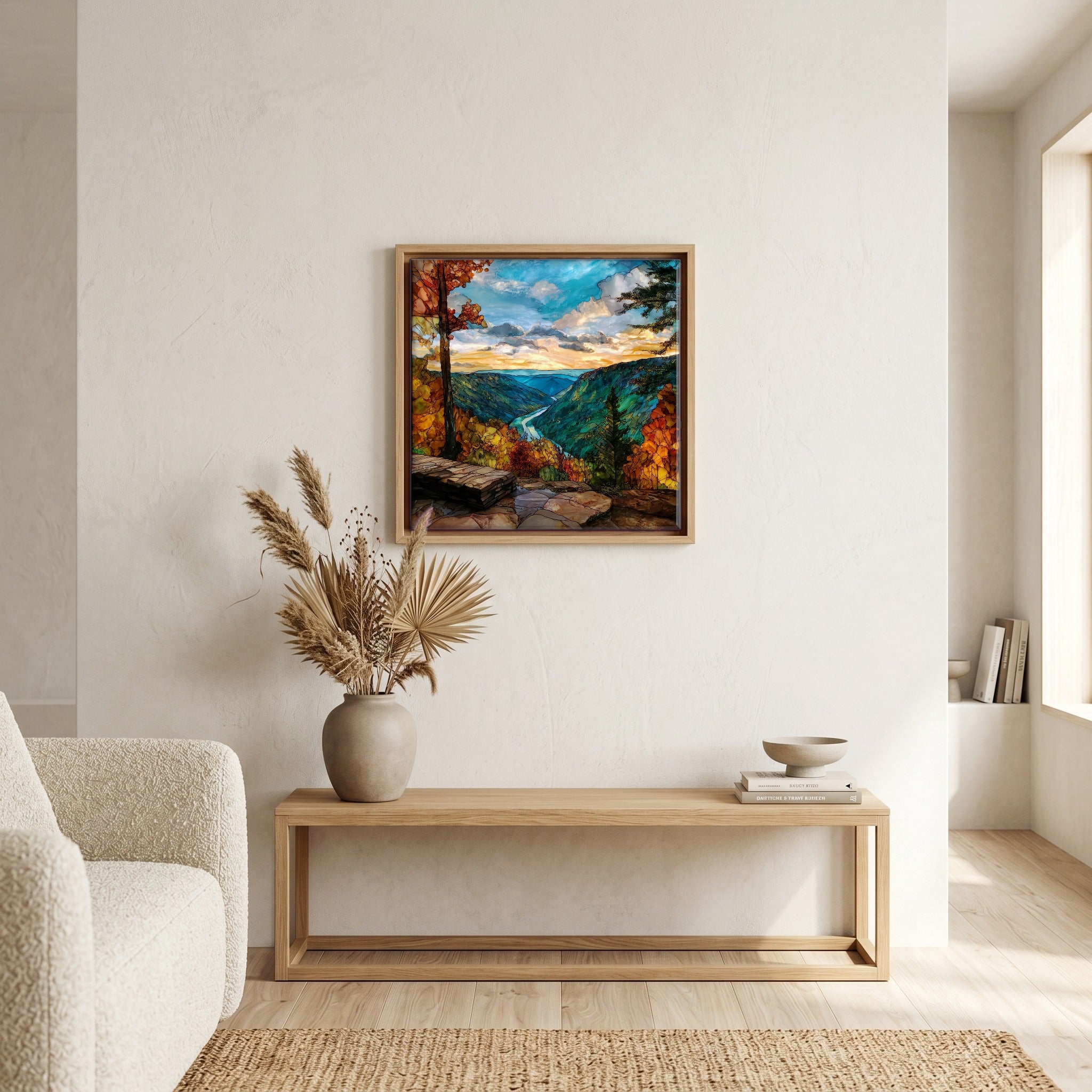 In the living room, above the sofa.