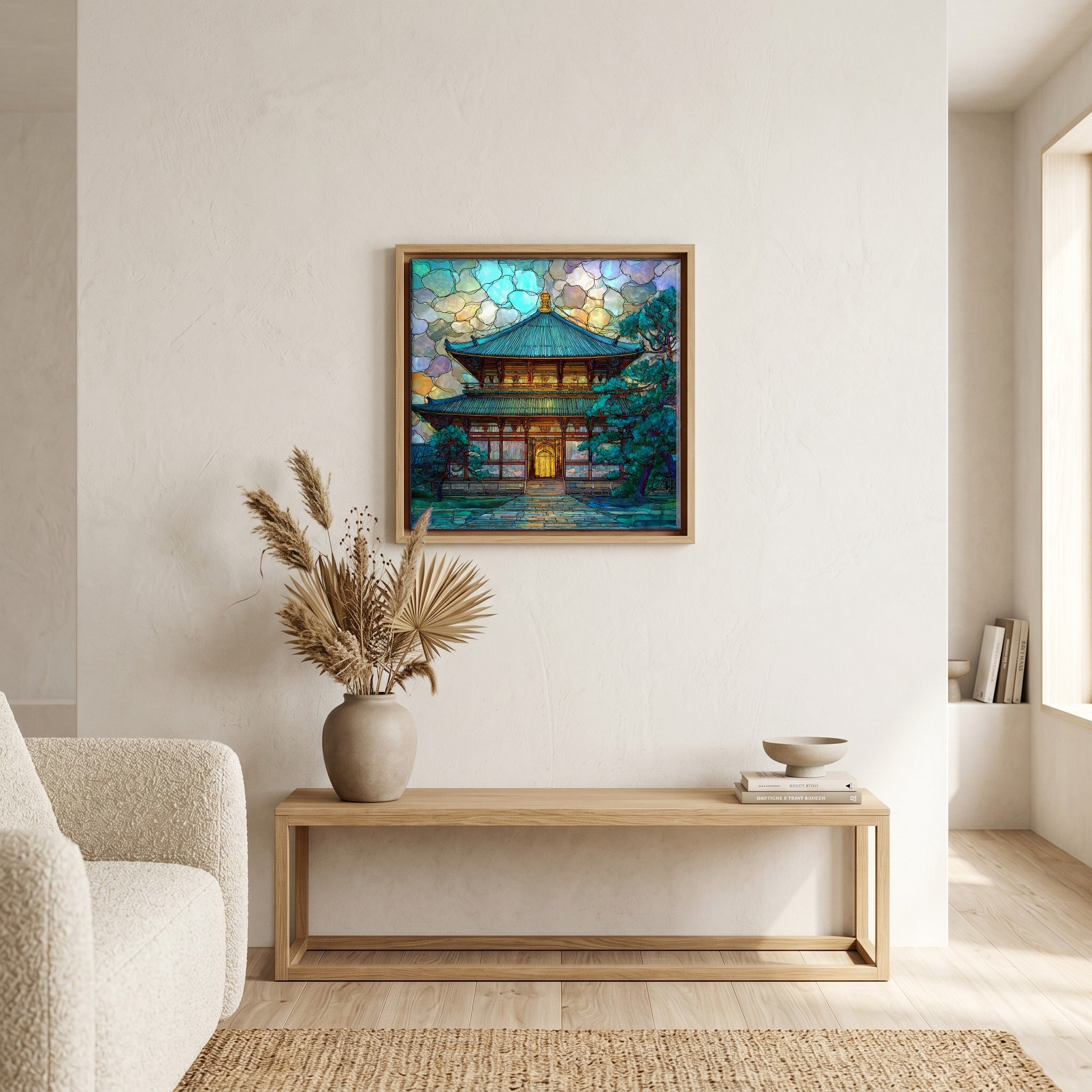 In the living room, above the sofa.