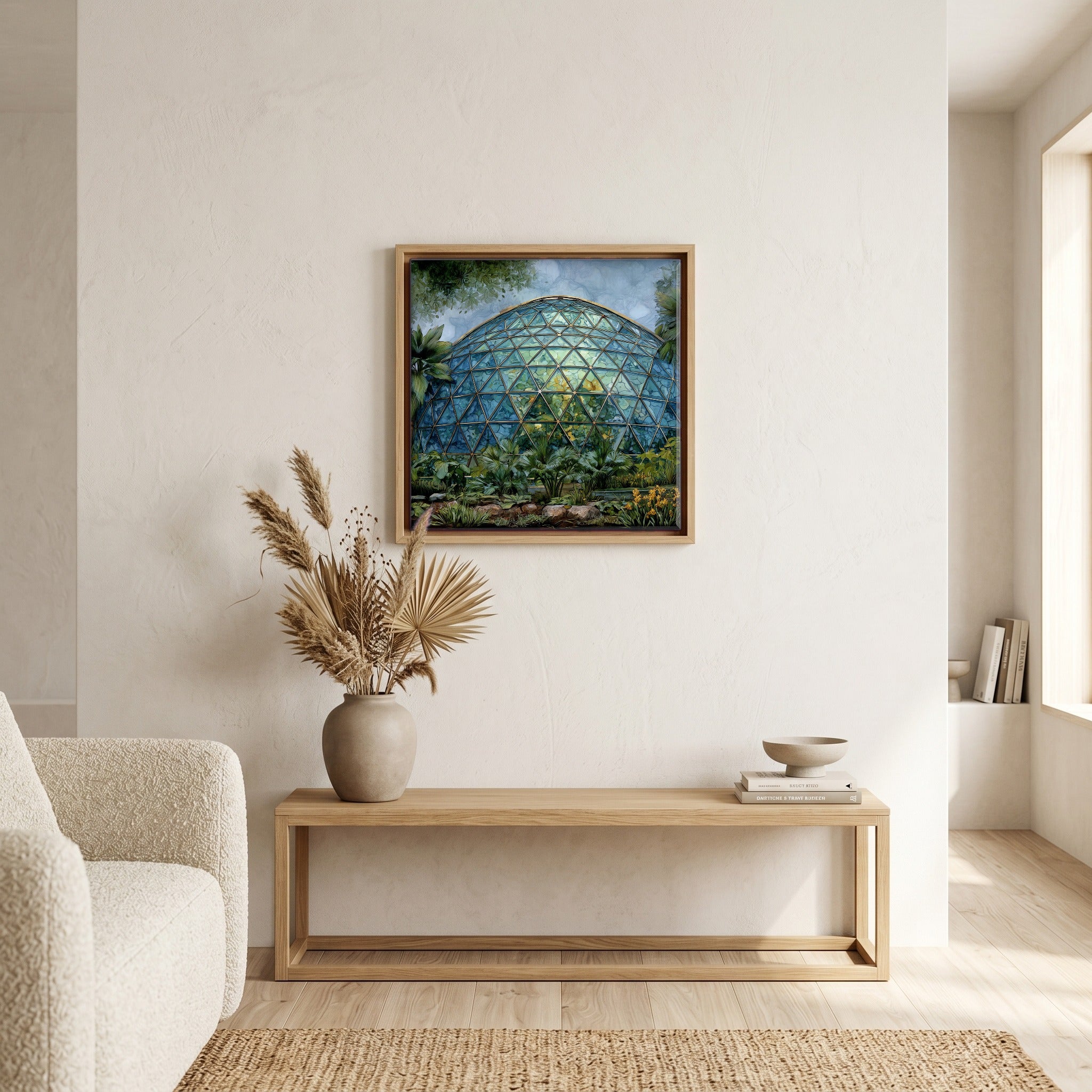 In the living room, above the sofa.