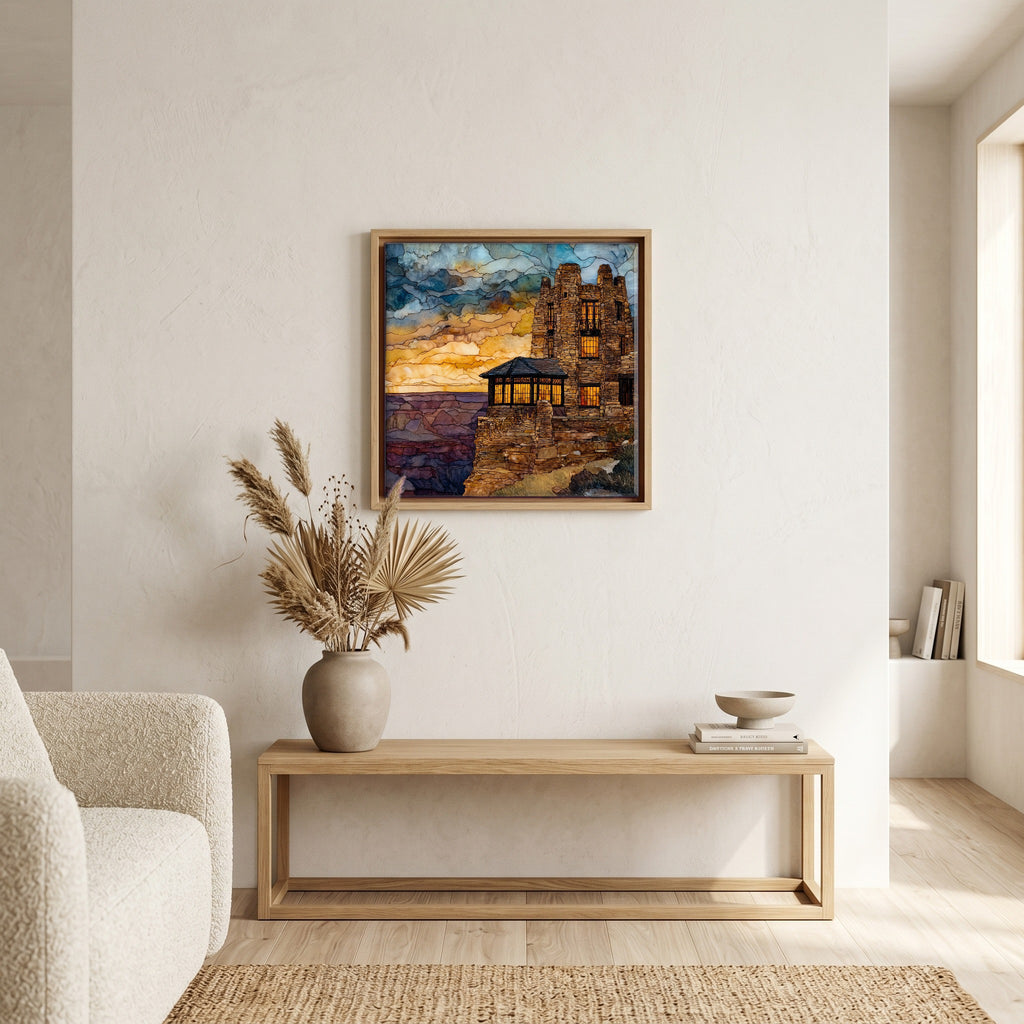 In the living room, above the sofa.