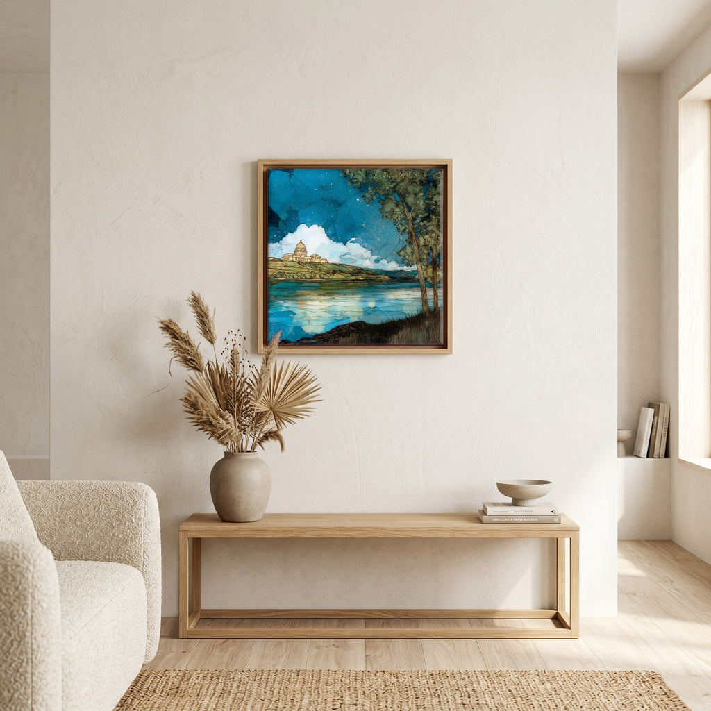 In the living room, above the sofa.