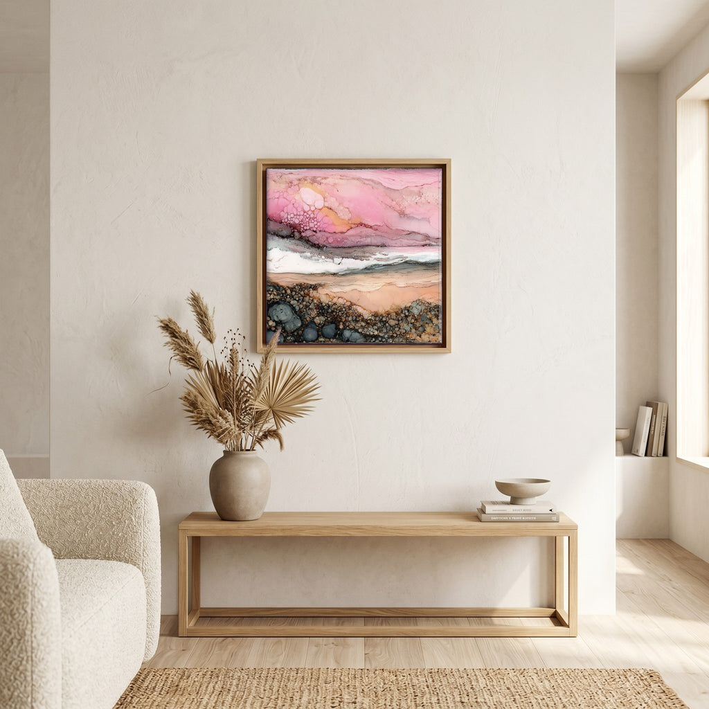 In the living room, above the sofa.
