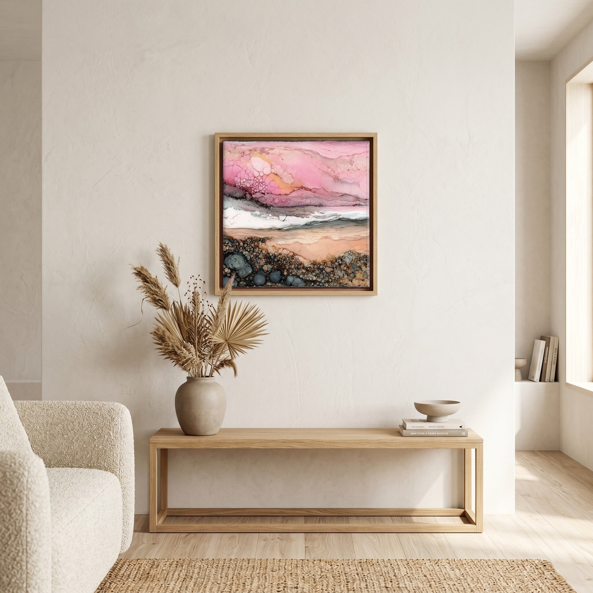 In the living room, above the sofa.