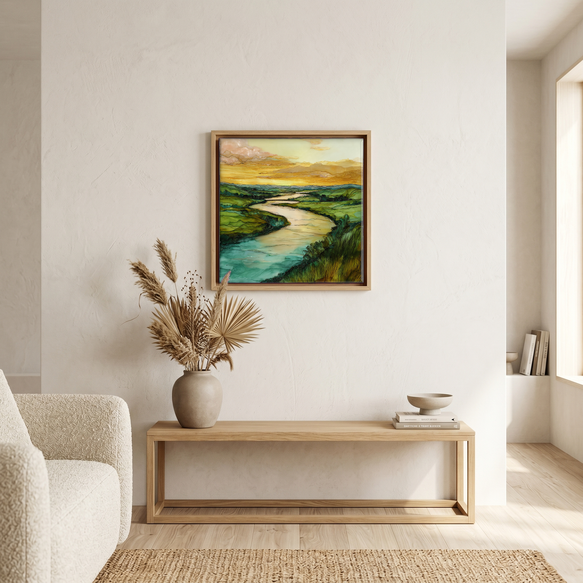 Above the bench, in a warm oak surround.