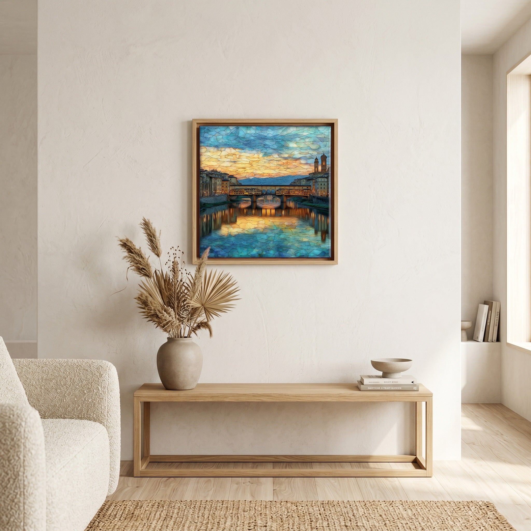 Above the bench, in a warm oak surround.