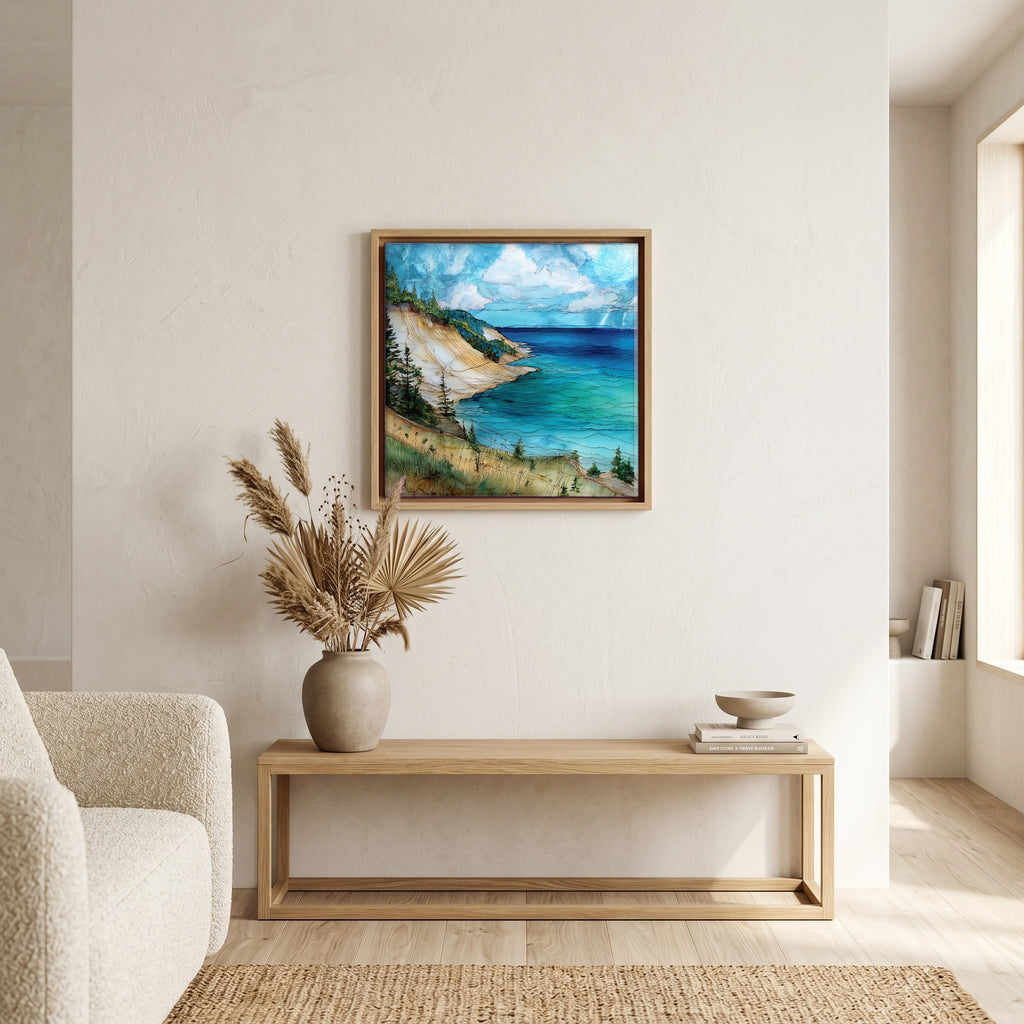 In the living room, above the sofa.