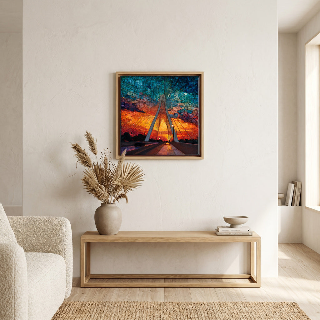 In the living room, above the sofa.